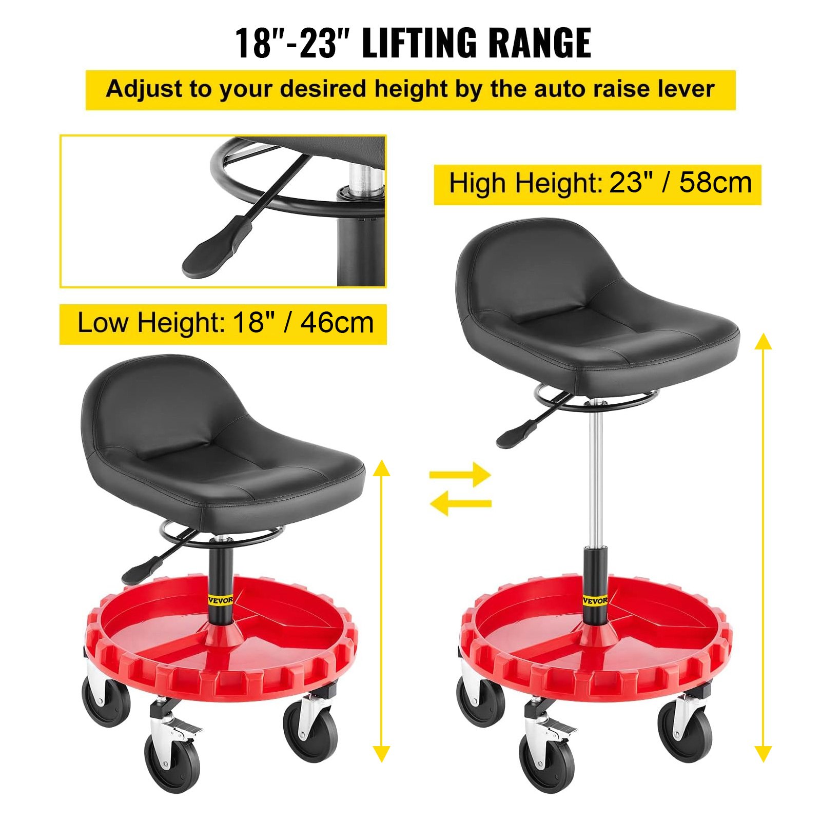 Taburete de garaje VEVOR con altura ajustable de 18 a 23 pulgadas, base roja y asiento negro.
