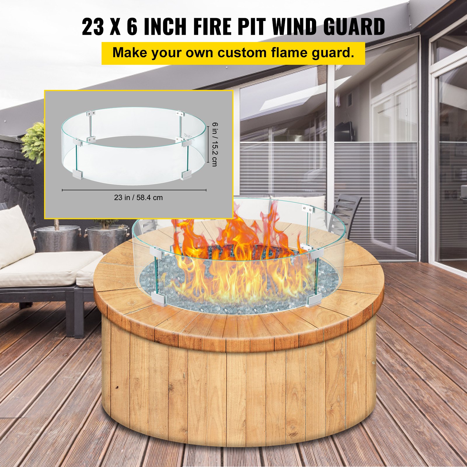 Protector contra el viento para fogatas VEVOR montado en una fogata de madera, con un tamaño de 23 x 6 pulgadas.