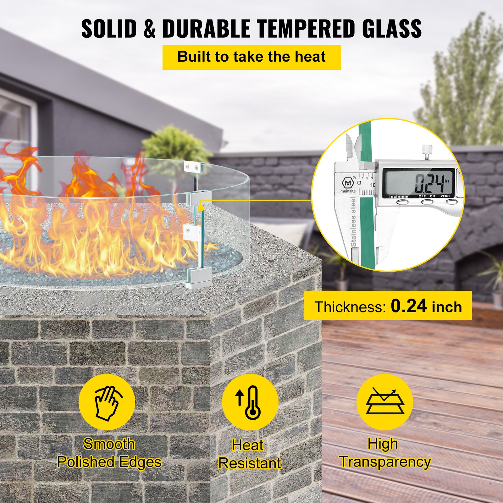 Protector contra el viento para fogatas VEVOR con vidrio templado de 0,24 pulgadas para resistencia al calor y durabilidad.
