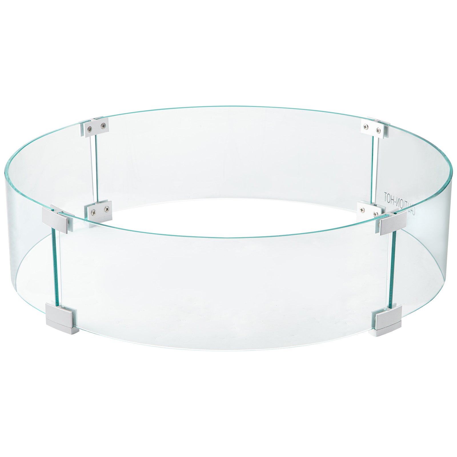 Protector contra el viento para brasero de fuego VEVOR de vidrio redondo con soportes de metal en fondo blanco.