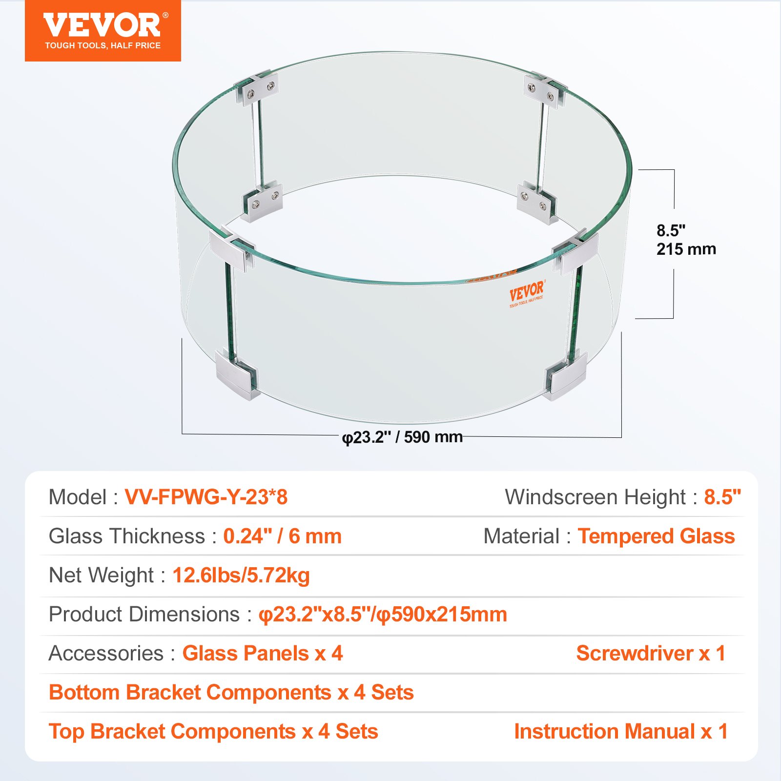 Especificaciones del protector contra viento para fogatas redondas VEVOR, 23,2&quot; x 8,5&quot;, vidrio templado, 8,5&quot; de altura.