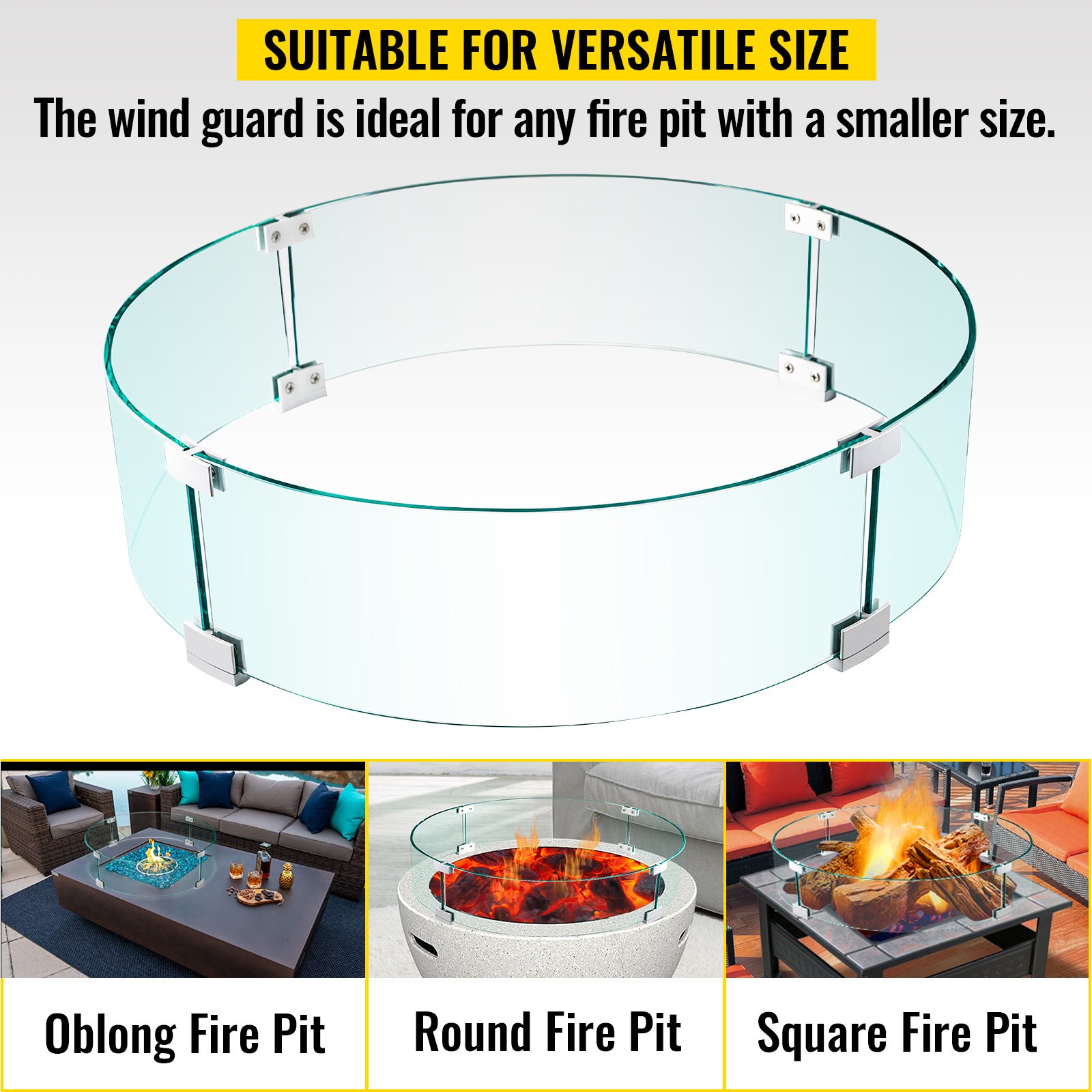 VEVOR Protector de fuego de vidrio 61x61x15cm Protector de viento para Hogueras 6,4mm de Espesor Paraviento Redondo para Hoguera con pasteles Estables