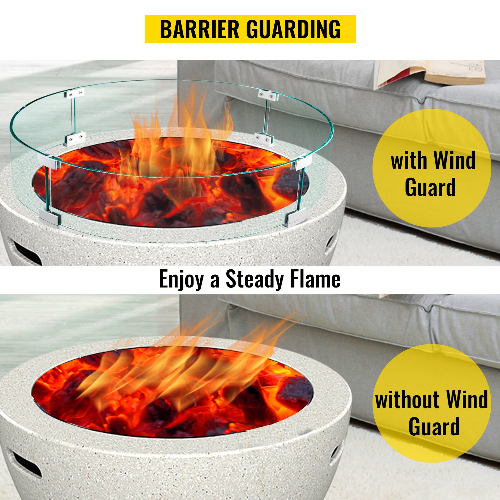 VEVOR Protector de fuego de vidrio 61x61x15cm Protector de viento para Hogueras 6,4mm de Espesor Paraviento Redondo para Hoguera con pasteles Estables
