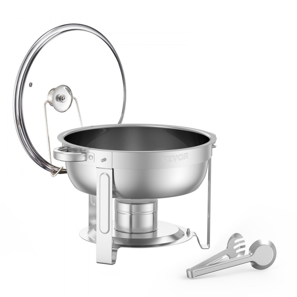 VEVOR Calentador de Alimentos con 2 Recipientes de Tamaño Completo(4,7 L Cada Uno), Redondo, para Catering con Tapa de Vidrio y Bandeja de Agua y Soporte Plegable, para Fiestas de Bufé, Plata