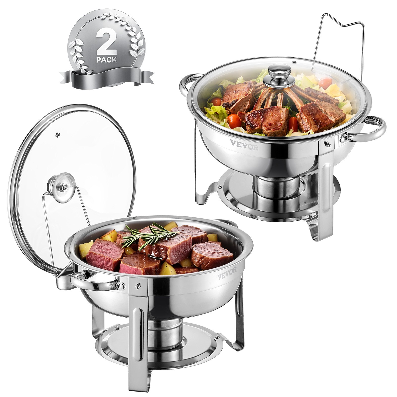 VEVOR Calentador de Alimentos con 2 Recipientes de Tamaño Completo(4,7 L Cada Uno), Redondo, para Catering con Tapa de Vidrio y Bandeja de Agua y Soporte Plegable, para Fiestas de Bufé, Plata