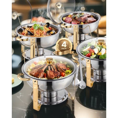 VEVOR Calentador de Alimentos para Bufé con 4 Recipientes de Tamaño Completo(4,7 L), Redondo, para Catering con Tapa de Cristal, Bandeja de Agua y Soporte Plegable, para Bufé de Bodas, Dorado