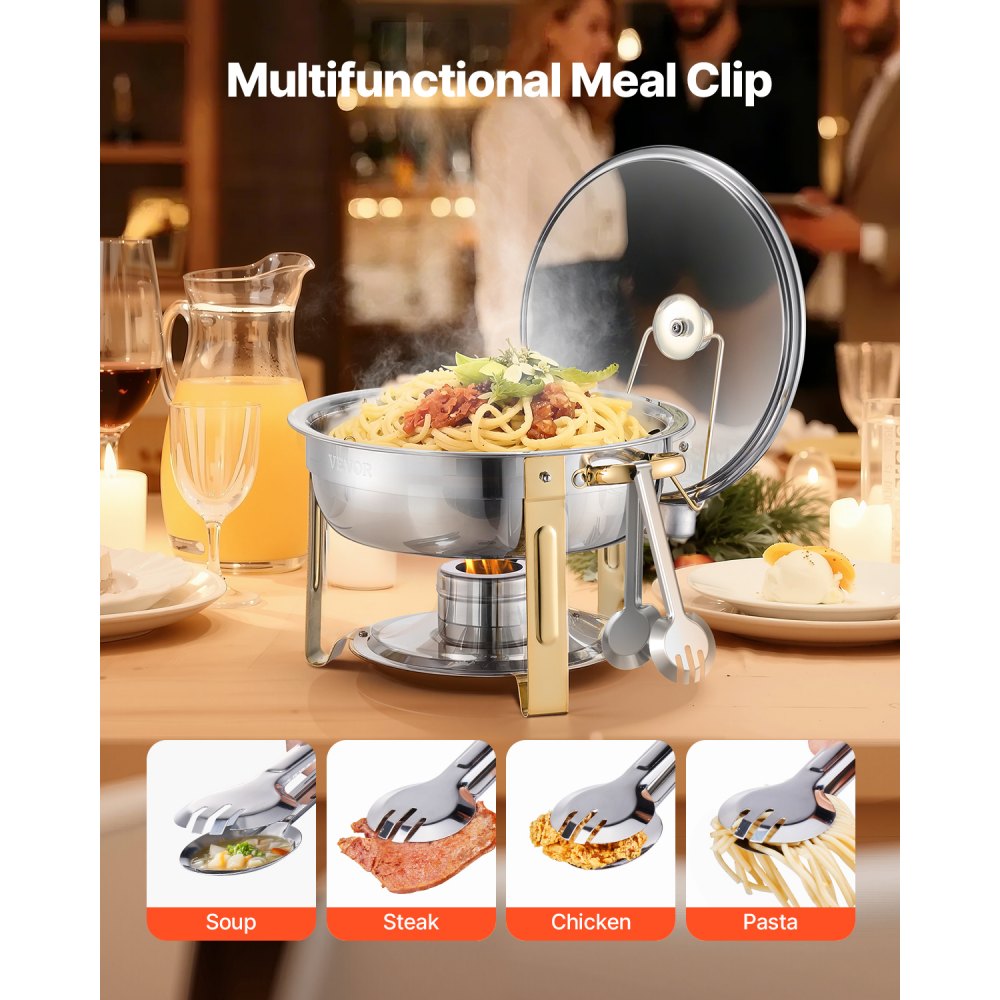 VEVOR Chafing Dish Buffet Food Warmer with 4 Full-Size Containers (4.7 L), Round Catering Heater with Glass Lid, Water Pan, and Foldable Stand, for Wedding Buffets, Gold
