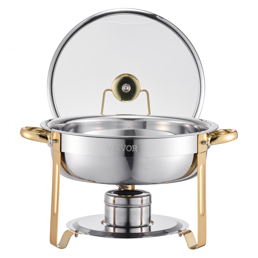 VEVOR Calentador de Alimentos para Bufé con 4 Recipientes de Tamaño Completo(4,7 L), Redondo, para Catering con Tapa de Cristal, Bandeja de Agua y Soporte Plegable, para Bufé de Bodas, Dorado
