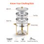 VEVOR Chafing Dish Buffet Food Warmer with 4 Full-Size Containers (4.7 L), Round Catering Heater with Glass Lid, Water Pan, and Foldable Stand, for Wedding Buffets, Gold