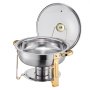 VEVOR Chafing Dish Buffet Food Warmer with 4 Full-Size Containers (4.7 L), Round Catering Heater with Glass Lid, Water Pan, and Foldable Stand, for Wedding Buffets, Gold