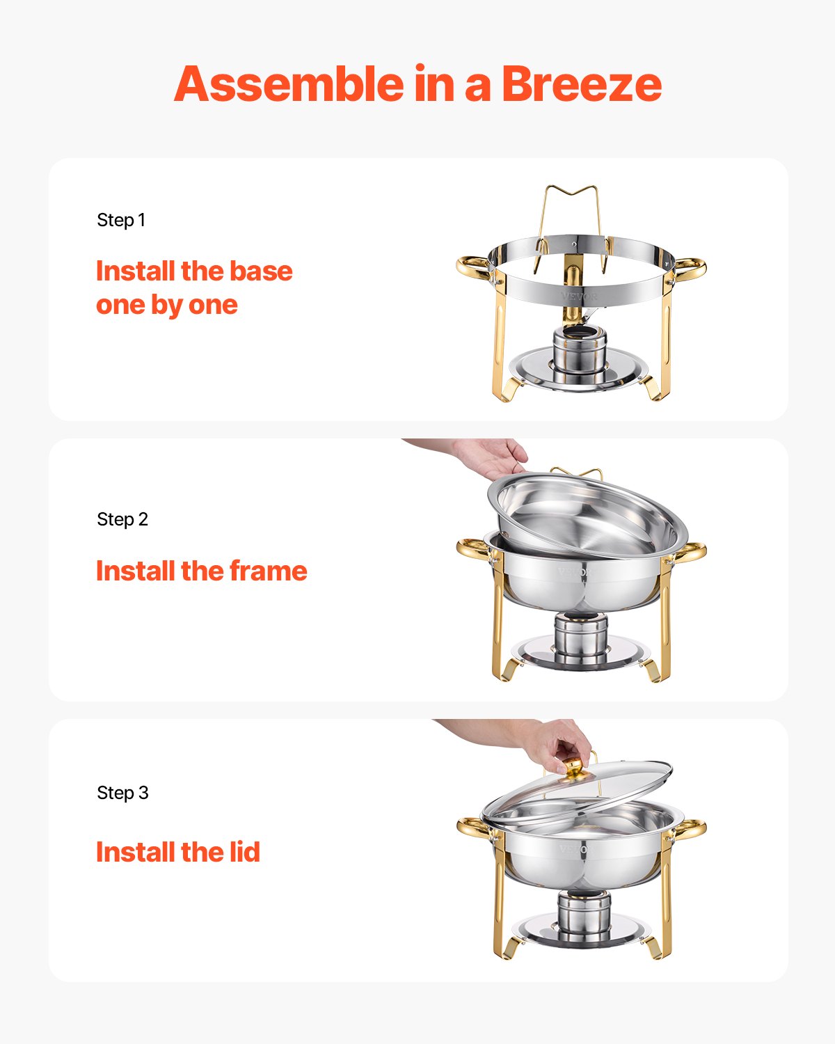 VEVOR Chafing Dish Buffet Food Warmer with 4 Full-Size Containers (4.7 L), Round Catering Heater with Glass Lid, Water Pan, and Foldable Stand, for Wedding Buffets, Gold