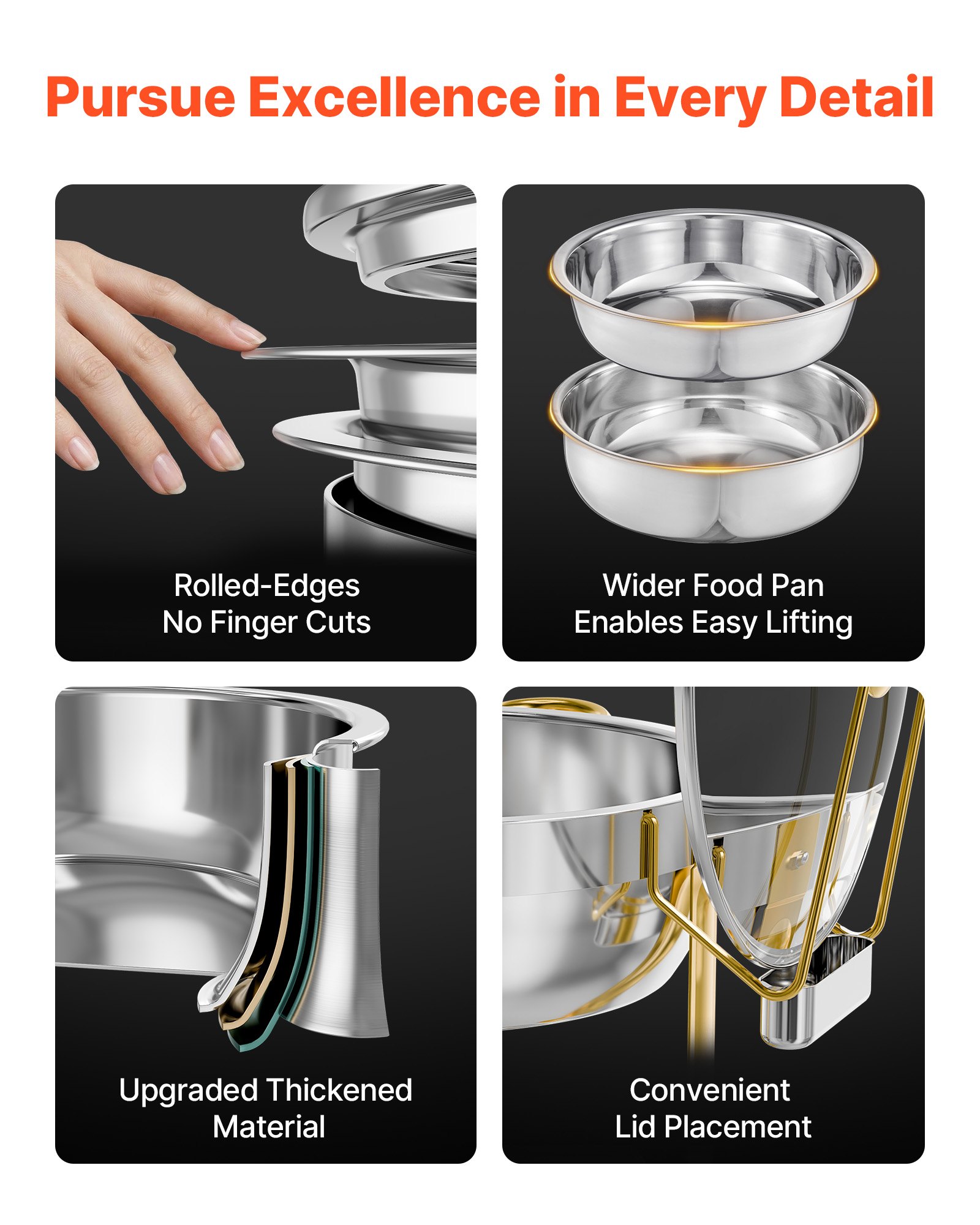 VEVOR Calentador de Alimentos para Bufé con 4 Recipientes de Tamaño Completo(4,7 L), Redondo, para Catering con Tapa de Cristal, Bandeja de Agua y Soporte Plegable, para Bufé de Bodas, Dorado