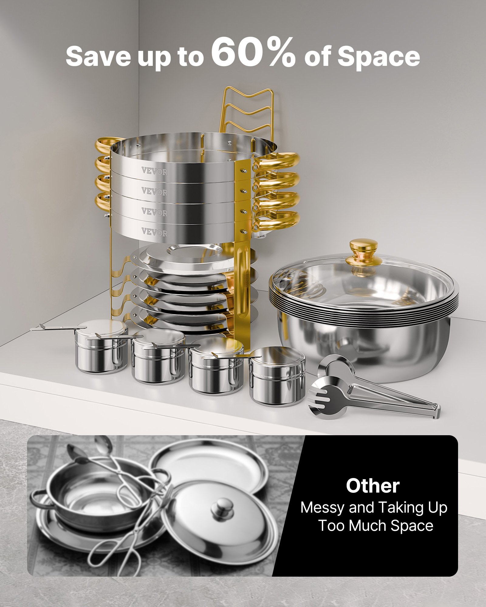 VEVOR Calentador de Alimentos para Bufé con 4 Recipientes de Tamaño Completo(4,7 L), Redondo, para Catering con Tapa de Cristal, Bandeja de Agua y Soporte Plegable, para Bufé de Bodas, Dorado