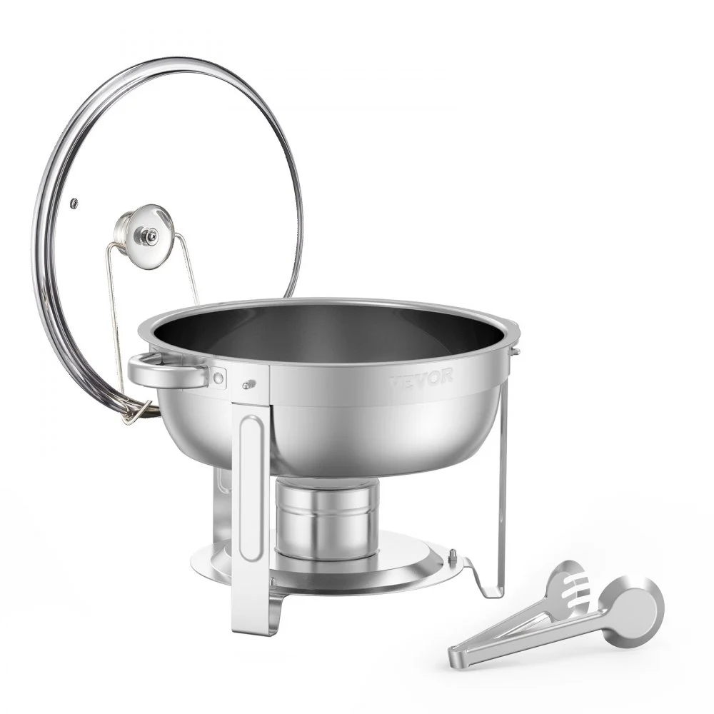 VEVOR Calentador de Alimentos para Bufé con 4 Recipientes Tamaño Completo(4,7 L Cada Uno), Redondo, para Catering con Tapa de Vidrio y Bandeja de Agua y Soporte Plegable, para Bufé, Bodas, Plata