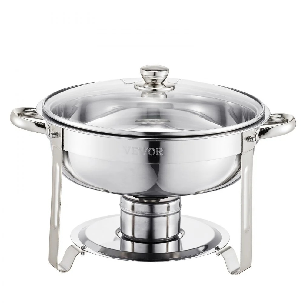 VEVOR Calentador de Alimentos para Bufé con 4 Recipientes Tamaño Completo(4,7 L Cada Uno), Redondo, para Catering con Tapa de Vidrio y Bandeja de Agua y Soporte Plegable, para Bufé, Bodas, Plata