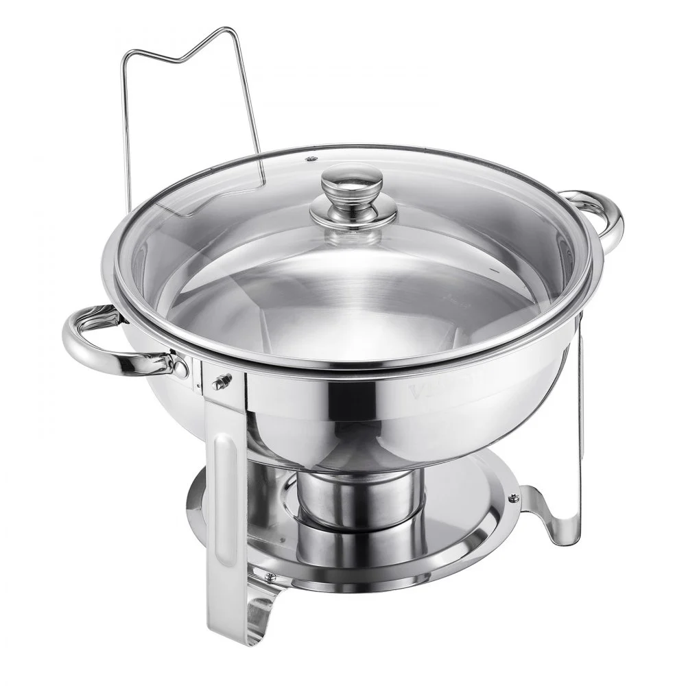 VEVOR Calentador de Alimentos para Bufé con 4 Recipientes Tamaño Completo(4,7 L Cada Uno), Redondo, para Catering con Tapa de Vidrio y Bandeja de Agua y Soporte Plegable, para Bufé, Bodas, Plata