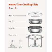 VEVOR Juego de Platos para Calentar Alimentos 4,7 L 4 uds Tapa Vidrio Plateada