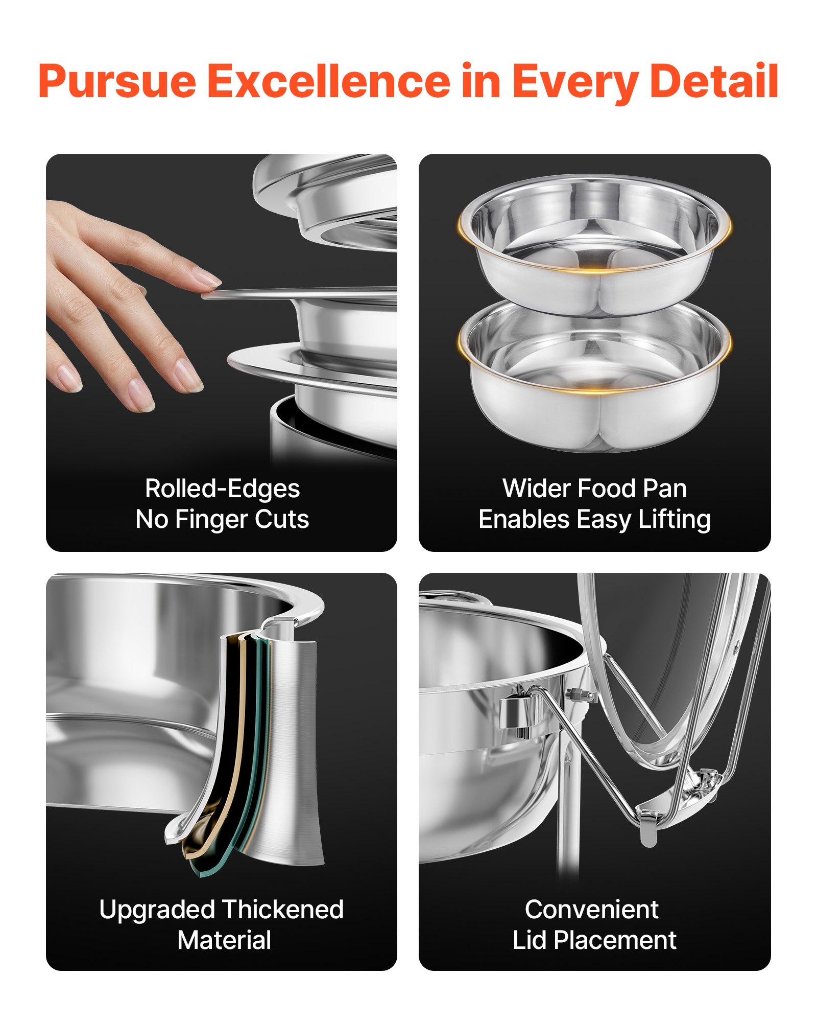 VEVOR Calentador de Alimentos para Bufé con 4 Recipientes Tamaño Completo(4,7 L Cada Uno), Redondo, para Catering con Tapa de Vidrio y Bandeja de Agua y Soporte Plegable, para Bufé, Bodas, Plata