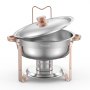 VEVOR Calentador de Alimentos para Bufé con 4 Recipientes de Tamaño Completo(4,7 L Cada Uno), Redondo, para Catering con Tapa, Bandeja de Agua y Soporte Plegable, para Bodas y Fiestas, Oro Rosa