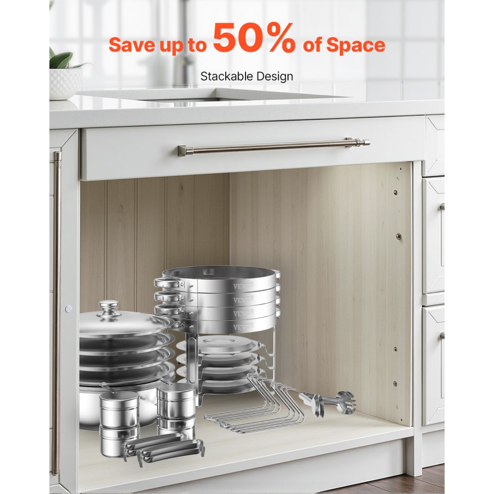 VEVOR Calentador de Alimentos para Bufé con 4 Recipientes de Tamaño Completo(4,7 L Cada Uno), Redondo, para Catering con Tapa, Bandeja de Agua y Soporte Plegable, para Bodas y Fiestas, Plata