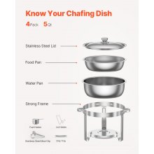 VEVOR Juego de Platos para Calentar Alimentos Acero Inoxidable 4,7 L 4 uds Plata