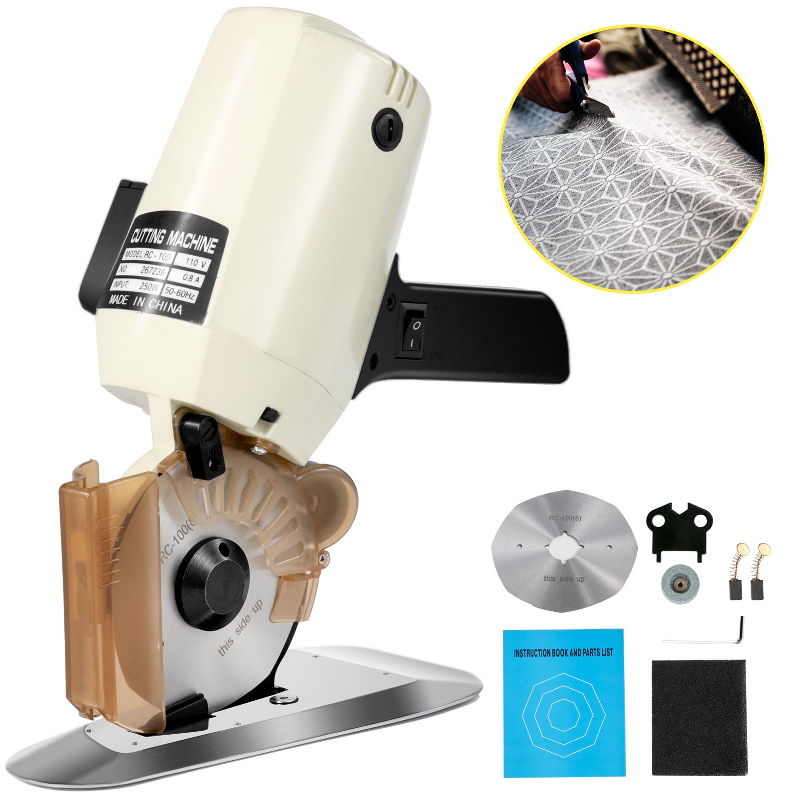 VEVOR Cortador de Tela Rotatorio, Máquina Cortadora de Tela Eléctrica, de 100mm, Máquina de Cortar Tela Eléctrico para Seda Lana Cuero, con Cuchilla, tijeras electricista profesional