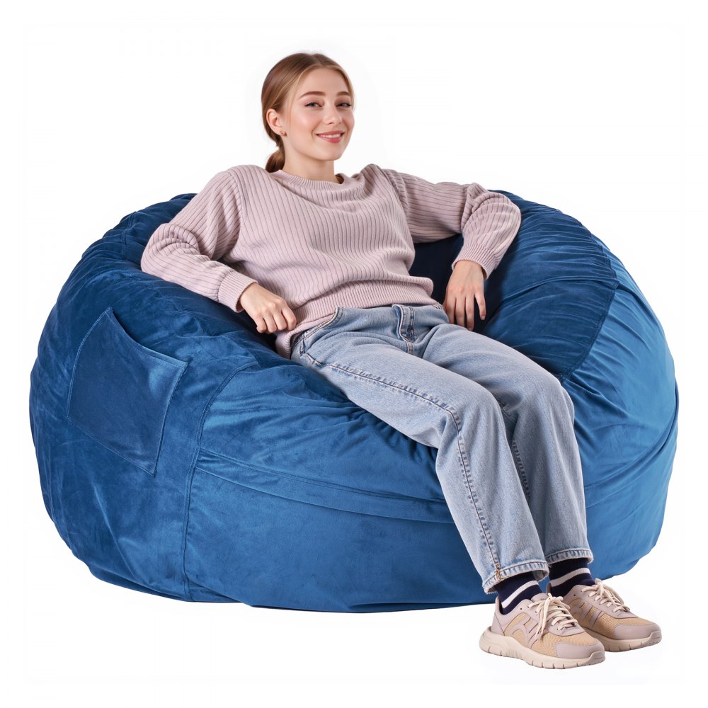 VEVOR Sillón Puff Redondo para Adultos 1168 x 1168 x 635 mm con Funda Extraíble y Lavable, Relleno de Espuma de Alta Densidad y Terciopelo Holandés, Asa y Bolsillo Lateral para Dormitorio, Azul
