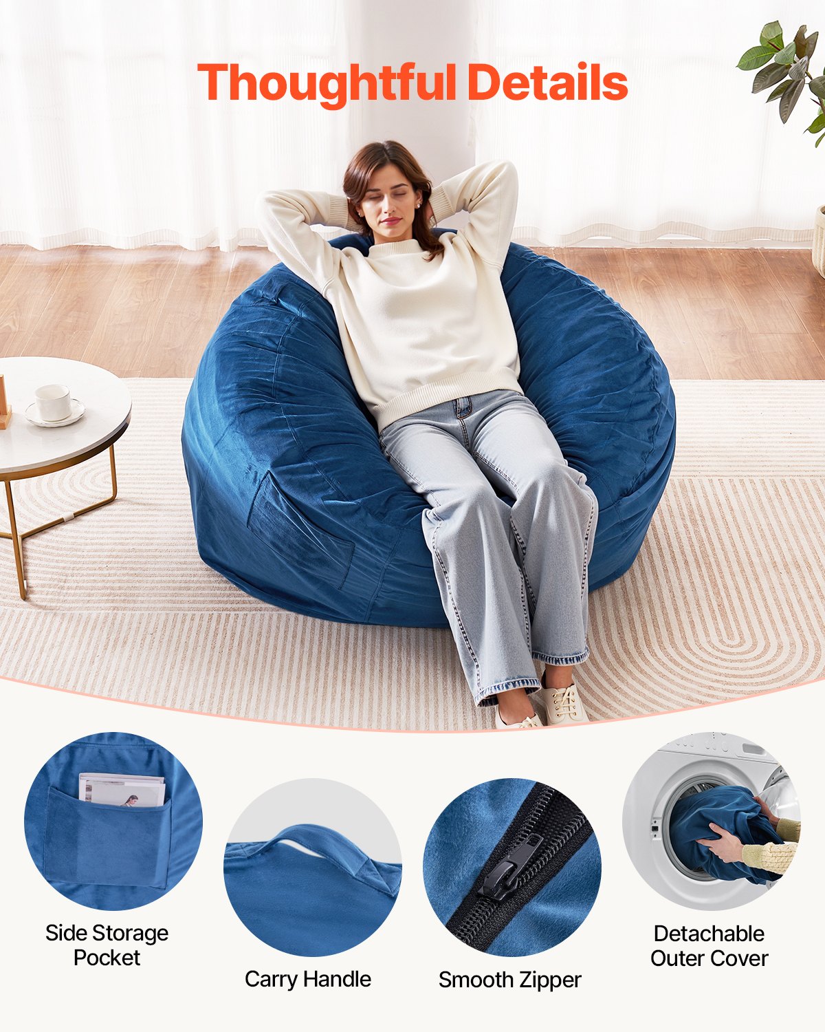 VEVOR Sillón Puff Redondo para Adultos 1168 x 1168 x 635 mm con Funda Extraíble y Lavable, Relleno de Espuma de Alta Densidad y Terciopelo Holandés, Asa y Bolsillo Lateral para Dormitorio, Azul