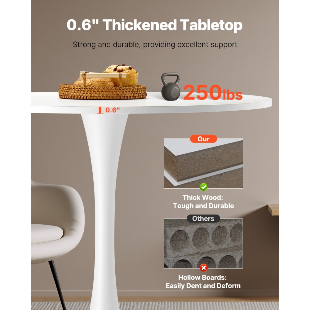 VEVOR round dining table, kitchen table, wooden table (80 cm / 113.4 kg load capacity) for 2-4 people, modern office tables with tulip-design pedestal base, for kitchen, home, living room, white (table only)