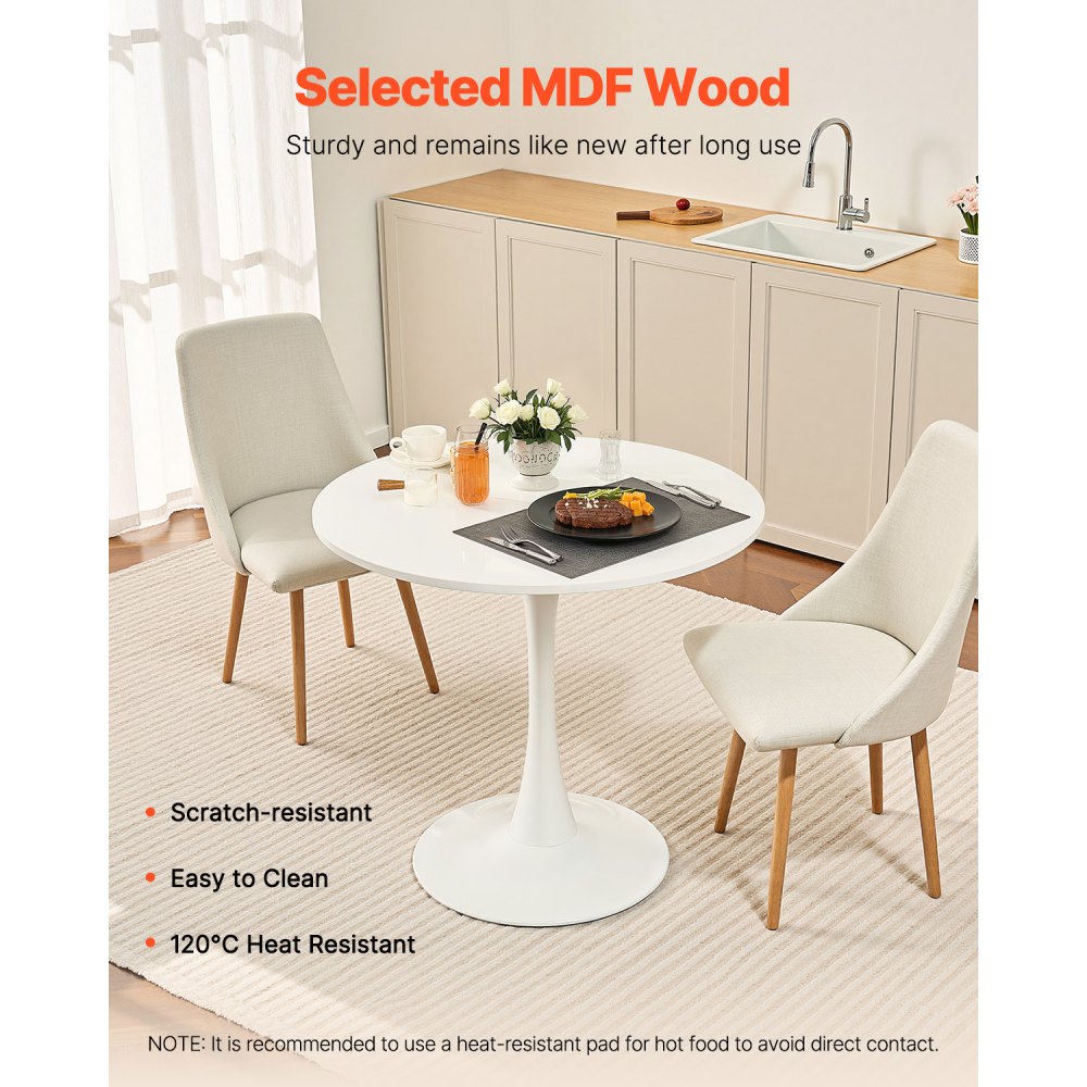 VEVOR Mesa de Comedor Redonda 80 cm de Madera para 2-4 Personas Mesa Moderna para el Ocio con Base de Pedestal en Diseño de Tulipán para Oficina, Hogar, Cocina, Sala de Estar, Blanco, Solo Mesa