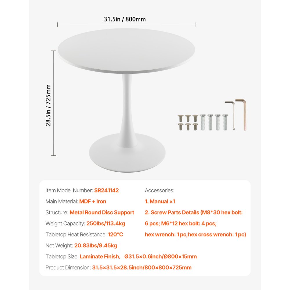 VEVOR Mesa de Comedor Redonda 80 cm de Madera para 2-4 Personas Mesa Moderna para el Ocio con Base de Pedestal en Diseño de Tulipán para Oficina, Hogar, Cocina, Sala de Estar, Blanco, Solo Mesa