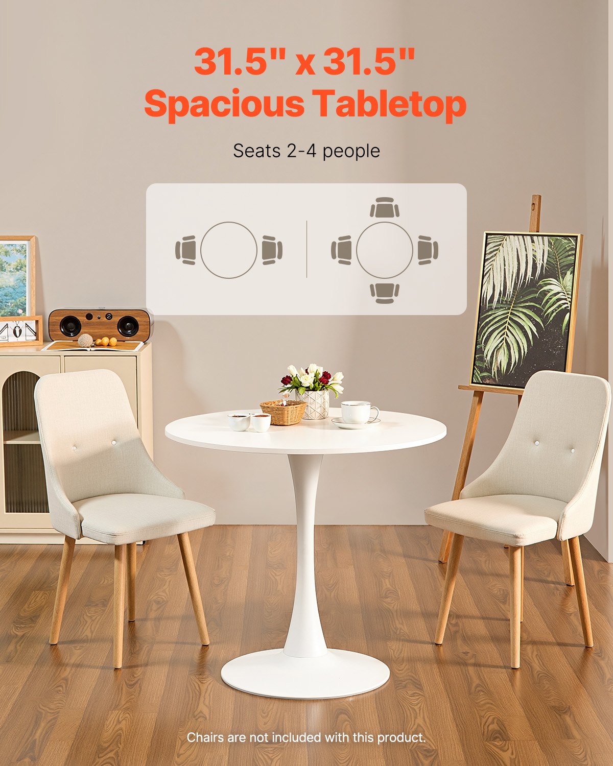 VEVOR round dining table, kitchen table, wooden table (80 cm / 113.4 kg load capacity) for 2-4 people, modern office tables with tulip-design pedestal base, for kitchen, home, living room, white (table only)