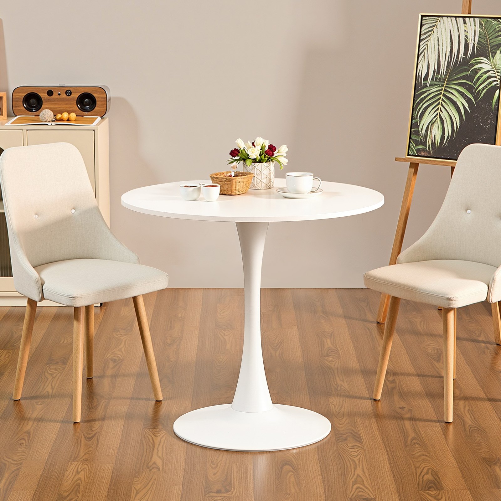 VEVOR round dining table, kitchen table, wooden table (80 cm / 113.4 kg load capacity) for 2-4 people, modern office tables with tulip-design pedestal base, for kitchen, home, living room, white (table only)
