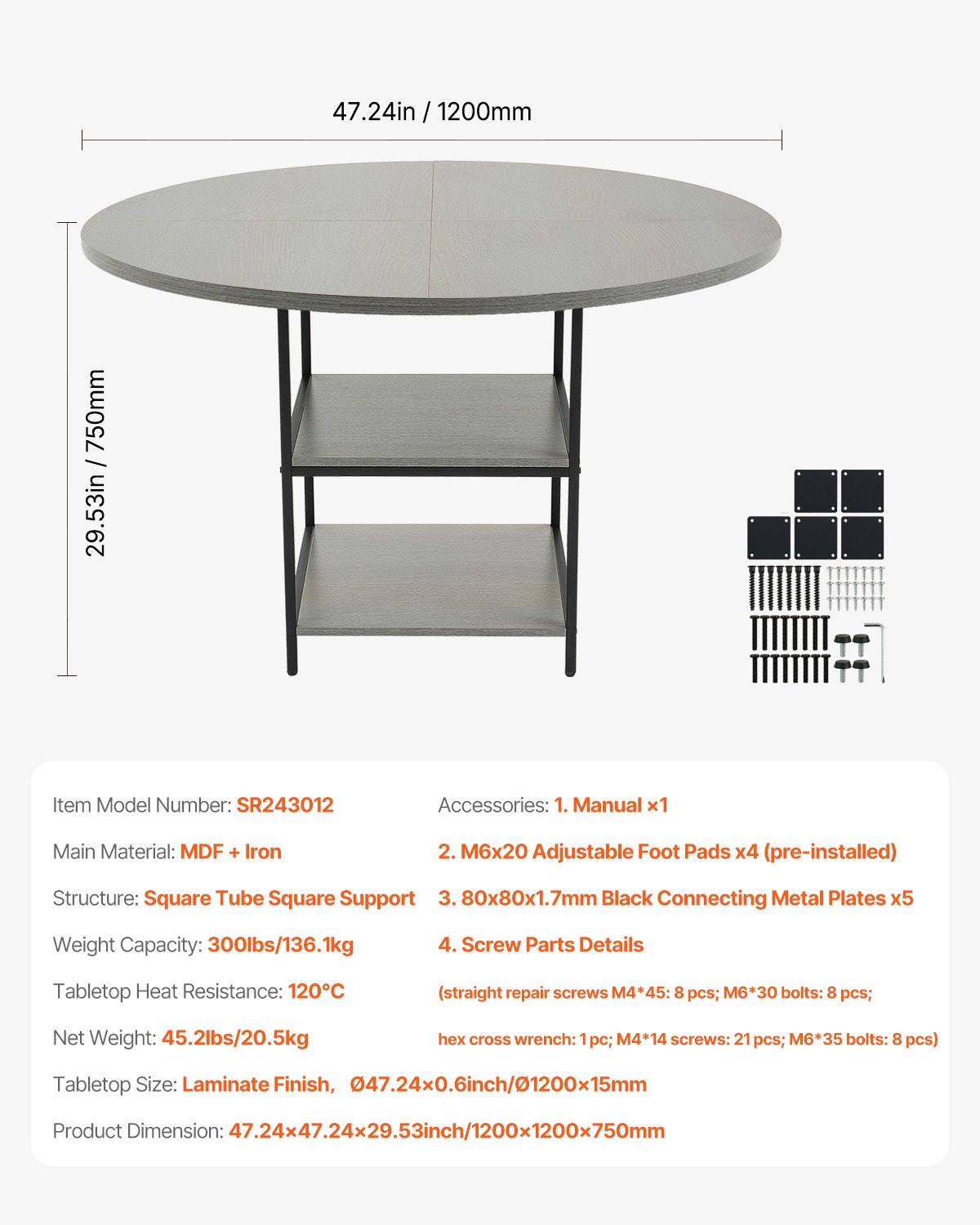 VEVOR Round Dining Table, Kitchen Table, Wooden Table (120 cm / 136.1 kg load capacity) for 4-6 people, modern leisure tables with shelf and metal legs, for kitchen, home living room, gray (table only)