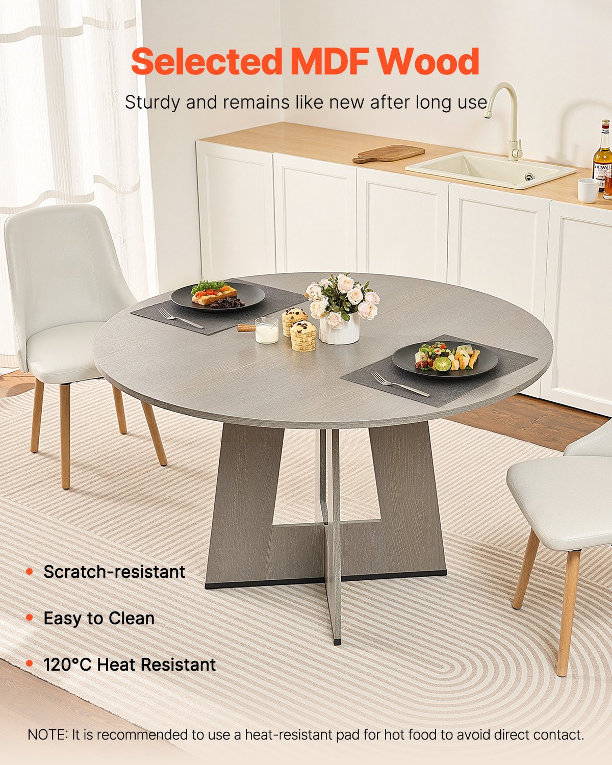 VEVOR Mesa de Comedor Redonda 120 cm de Madera para 2-4 Personas Mesa de Comedor Estilo Rústico para el Ocio con Patas de Madera Gruesas para Oficina, Hogar, Cocina, Sala de Estar, Gris, Solo Mesa