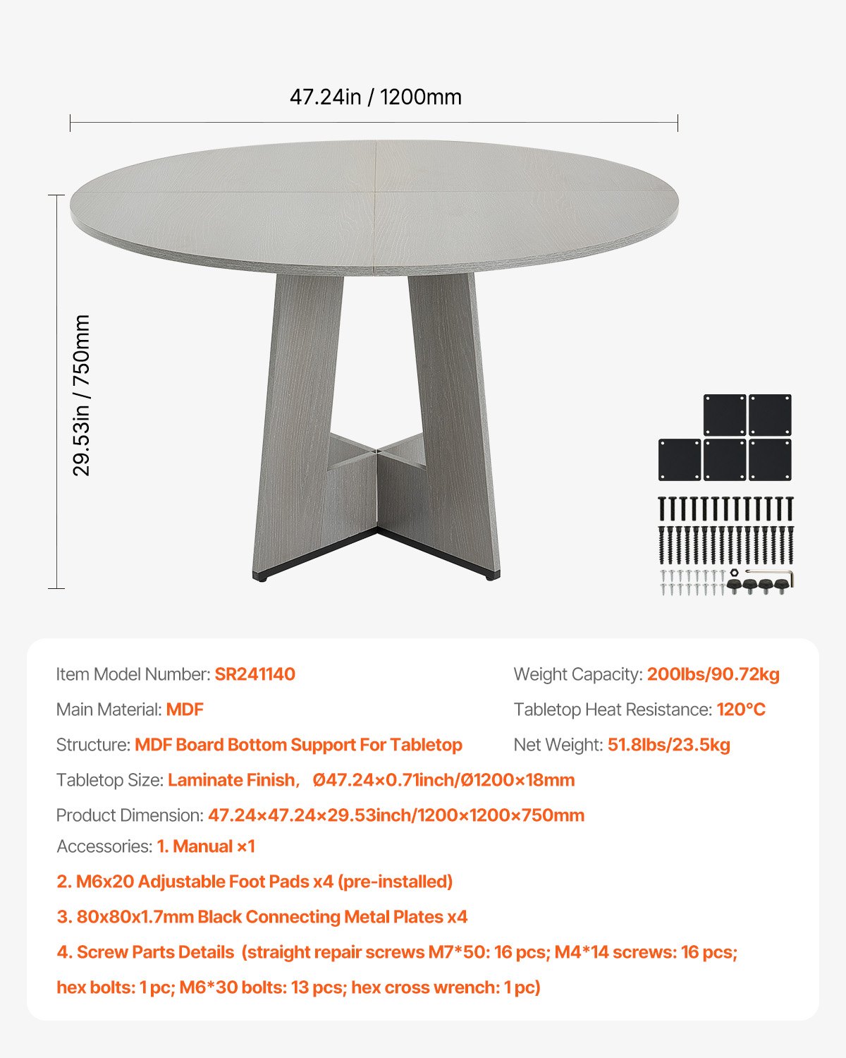 VEVOR Mesa de Comedor Redonda 120 cm de Madera para 2-4 Personas Mesa de Comedor Estilo Rústico para el Ocio con Patas de Madera Gruesas para Oficina, Hogar, Cocina, Sala de Estar, Gris, Solo Mesa