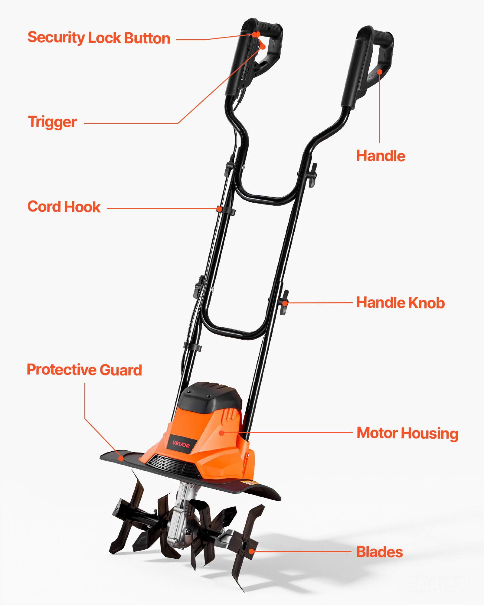 VEVOR Motoazada Eléctrica 1200 W, 36 cm de Ancho de Trabajo, Profundidad de 22 cm, Mango Plegable, Cuchillas Escarificadoras, Interruptor de Seguridad, Motocultor Cultivadora para Jardín Huerto Césped
