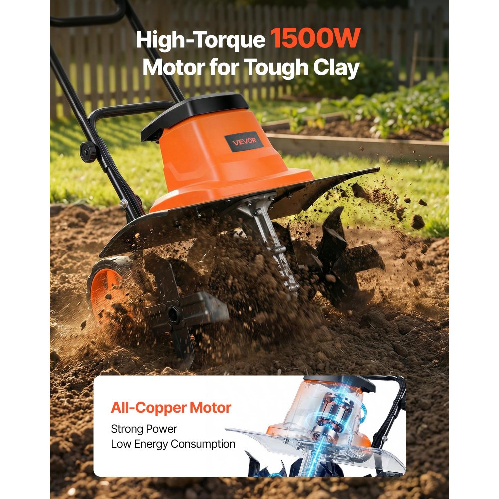 VEVOR Motoazada Eléctrica con Ruedas 1500 W, Ancho de Trabajo de 45 cm, 4 Profundidades Ajustables de Cultivar, Mango Plegable, Interruptor de Seguridad, Cobre, Motocultor para Jardín Huerto Césped