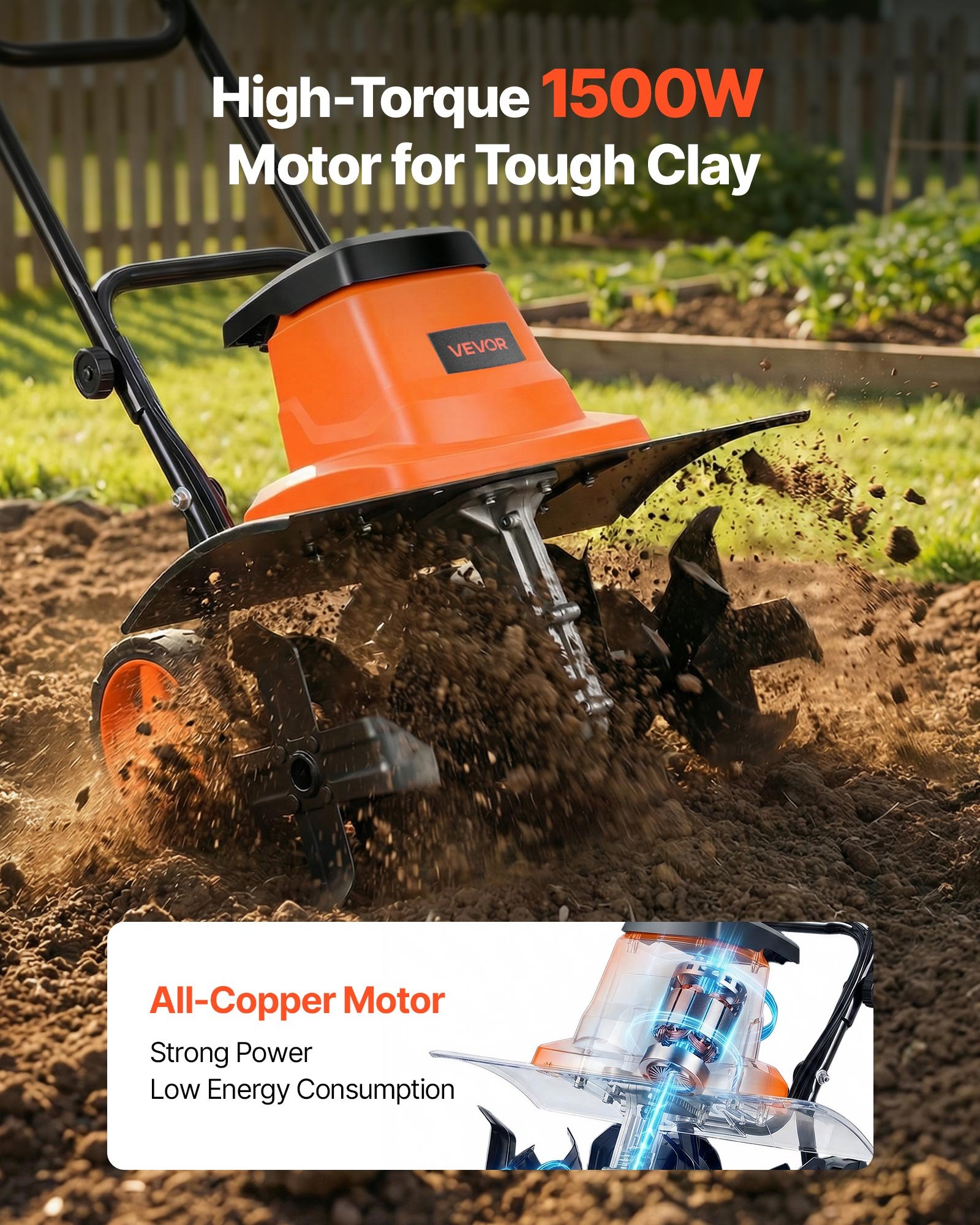 VEVOR Motoazada Eléctrica con Ruedas 1500 W, Ancho de Trabajo de 45 cm, 4 Profundidades Ajustables de Cultivar, Mango Plegable, Interruptor de Seguridad, Cobre, Motocultor para Jardín Huerto Césped