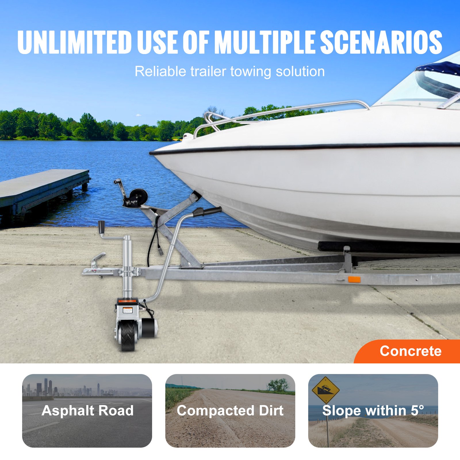 VEVOR Trailer Jockey Wheel 12V Electric Maneuvering Aid Max. Towing Capacity 2268kg Electric Jockey Wheel 30.5-63cm Height Adjustable 6.7m/min Speed 20.3cm Solid Rubber Wheel Trailer Caravan