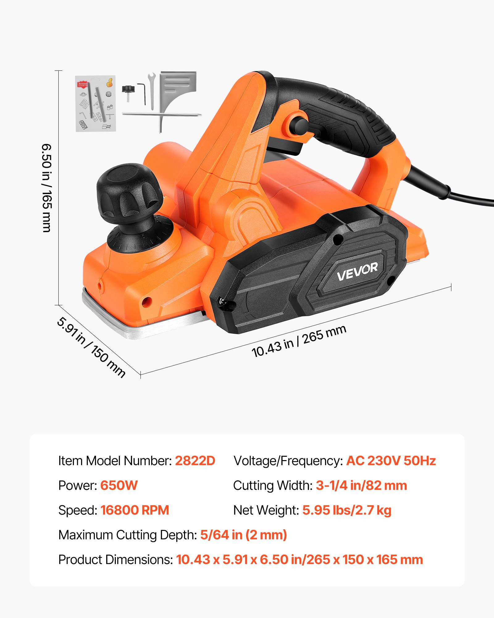 VEVOR Cepilladora Eléctrica con Cable Ancho de Corte de 82 mm, 650 W, 16800 RPM, Cepilladora de Madera, Profundidad de Corte Ajustable, Ideal para Carpintería, Biselado, Bricolaje, Acabado Liso