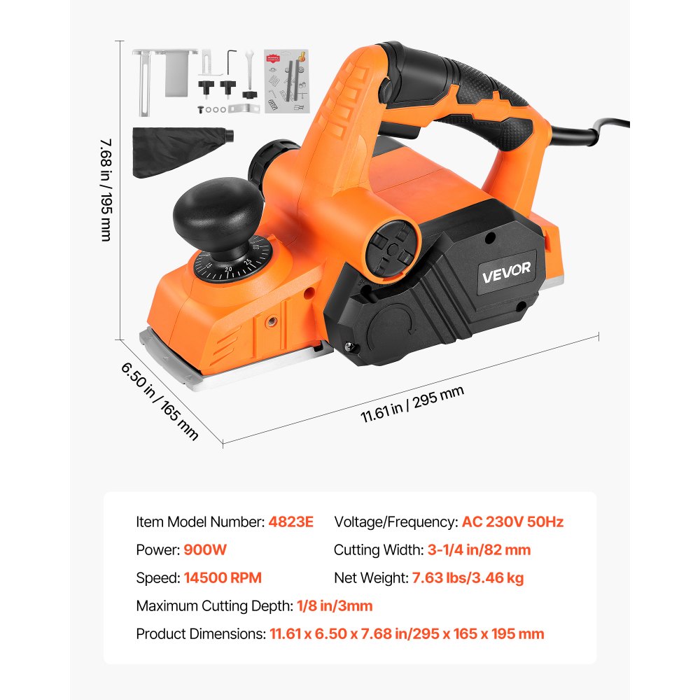 VEVOR Cepilladora Eléctrica con Cable Ancho de Corte de 82 mm, 900 W, 14500 RPM, Cepilladora de Madera, Profundidad de Corte Ajustable, Ideal para Carpintería, Biselado, Bricolaje, Acabado Liso
