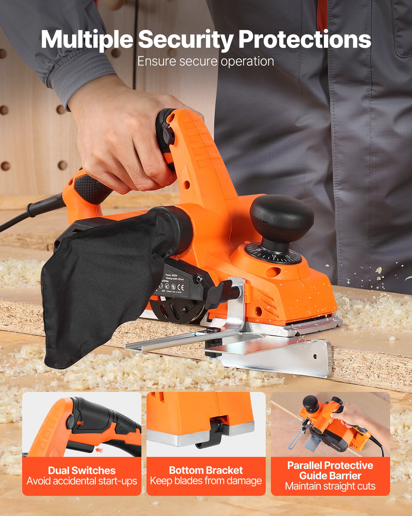 VEVOR Cepilladora Eléctrica con Cable Ancho de Corte de 82 mm, 900 W, 14500 RPM, Cepilladora de Madera, Profundidad de Corte Ajustable, Ideal para Carpintería, Biselado, Bricolaje, Acabado Liso
