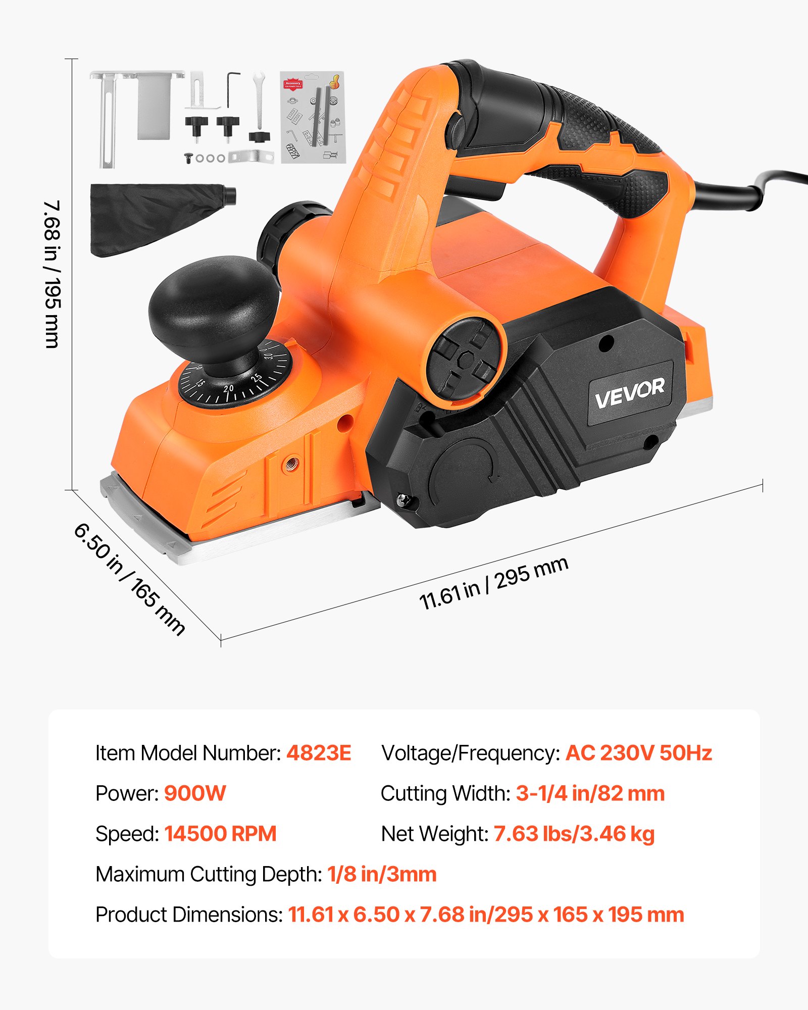 VEVOR Cepilladora Eléctrica con Cable Ancho de Corte de 82 mm, 900 W, 14500 RPM, Cepilladora de Madera, Profundidad de Corte Ajustable, Ideal para Carpintería, Biselado, Bricolaje, Acabado Liso