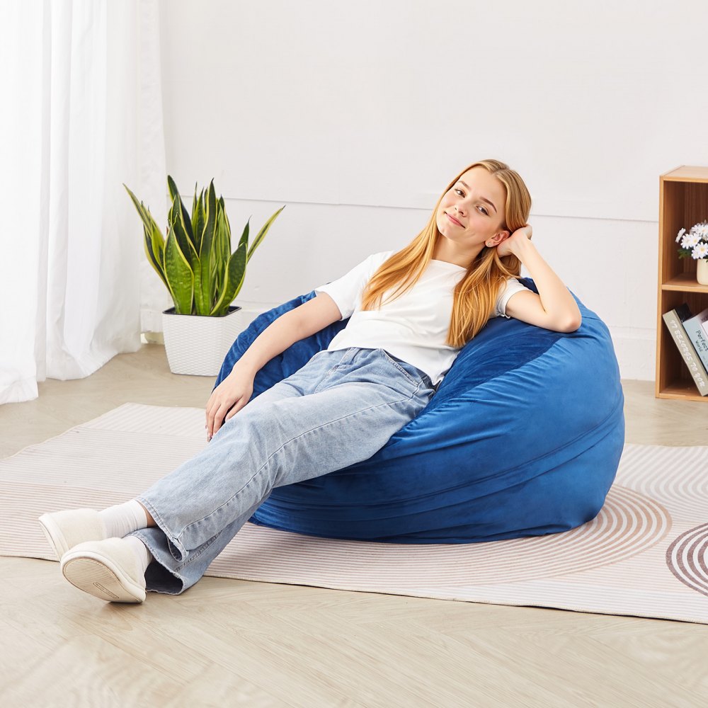 VEVOR Round Bean Bag Gaming Cushion (89 x 89 x 56 cm) with Removable & Washable Cover, 25D Memory Foam Filled with Dutch Velvet, Bean Bag for Bedroom/Playroom, Blue