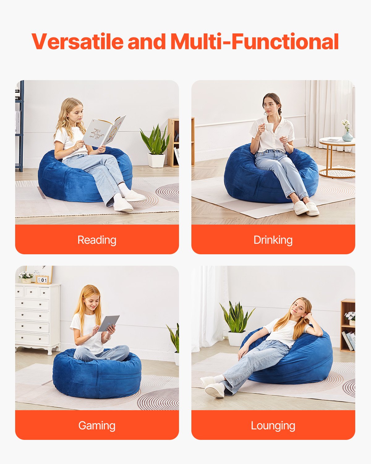 VEVOR Round Bean Bag Gaming Cushion (89 x 89 x 56 cm) with Removable & Washable Cover, 25D Memory Foam Filled with Dutch Velvet, Bean Bag for Bedroom/Playroom, Blue