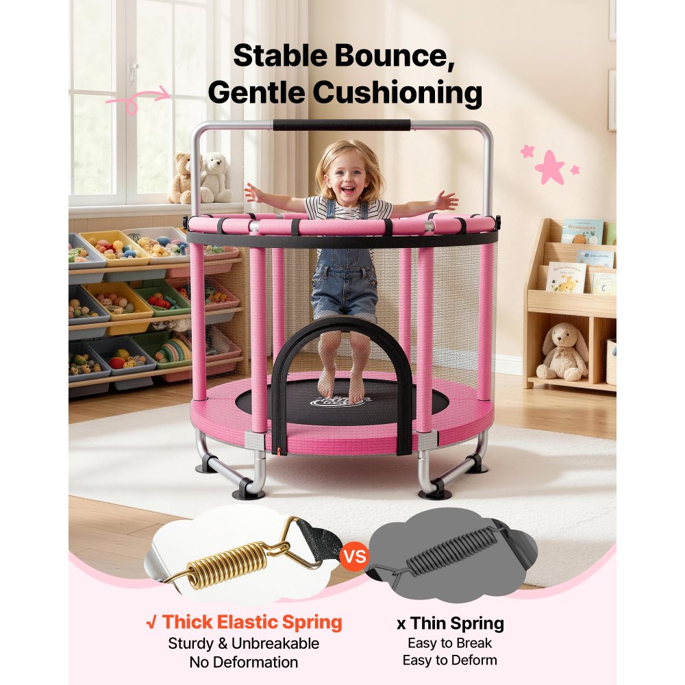VEVOR Trampolín Infantil Cama Elástica para Niños Redondo 142x160 cm Rosa, Carga de 60kg, Con Red de Seguridad, Barra de Gimnasia, Marco de Tubos Galvanizados, Lona de Salto de PP, Patas con Ventosas