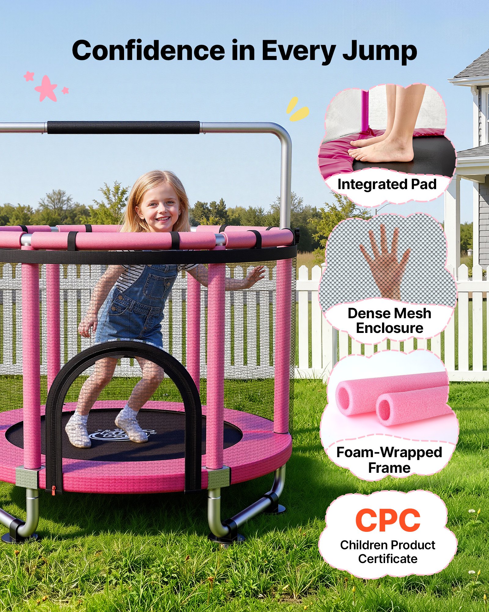 VEVOR Trampolín Infantil Cama Elástica para Niños Redondo 142x160 cm Rosa, Carga de 60kg, Con Red de Seguridad, Barra de Gimnasia, Marco de Tubos Galvanizados, Lona de Salto de PP, Patas con Ventosas