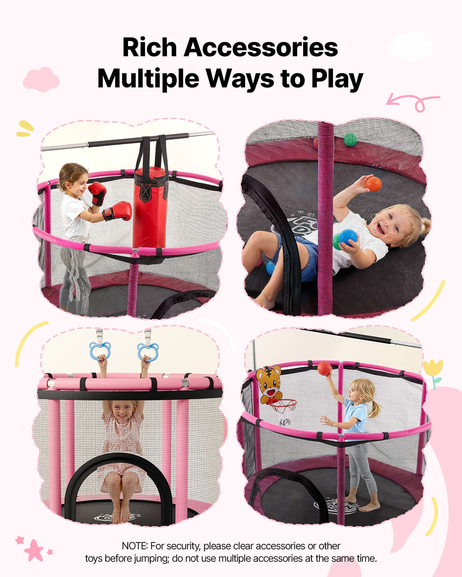 VEVOR Trampolín Infantil Cama Elástica para Niños Redondo 142x160 cm Rosa, Carga de 60kg, Con Red de Seguridad, Barra de Gimnasia, Marco de Tubos Galvanizados, Lona de Salto de PP, Patas con Ventosas