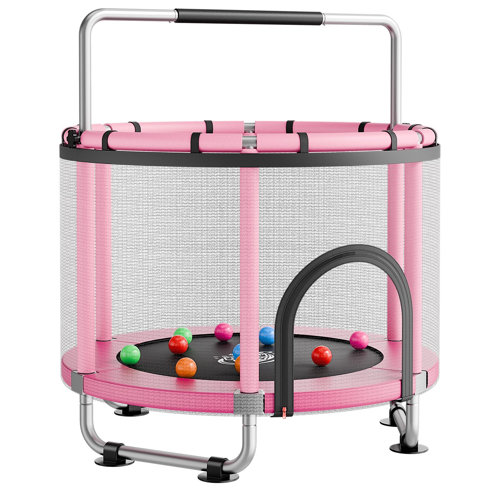 VEVOR Trampolín Infantil Cama Elástica para Niños Redondo 142x160 cm Rosa, Carga de 60kg, Con Red de Seguridad, Barra de Gimnasia, Marco de Tubos Galvanizados, Lona de Salto de PP, Patas con Ventosas